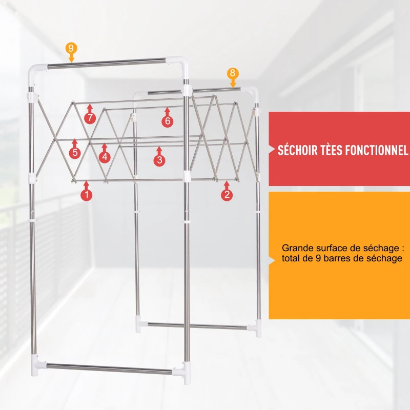 HOMCOM Etendoir séchoir portant à vêtements multi-rangements pliable extensible dim. 16,5-110L x 76l x 133H cm acier ABS
