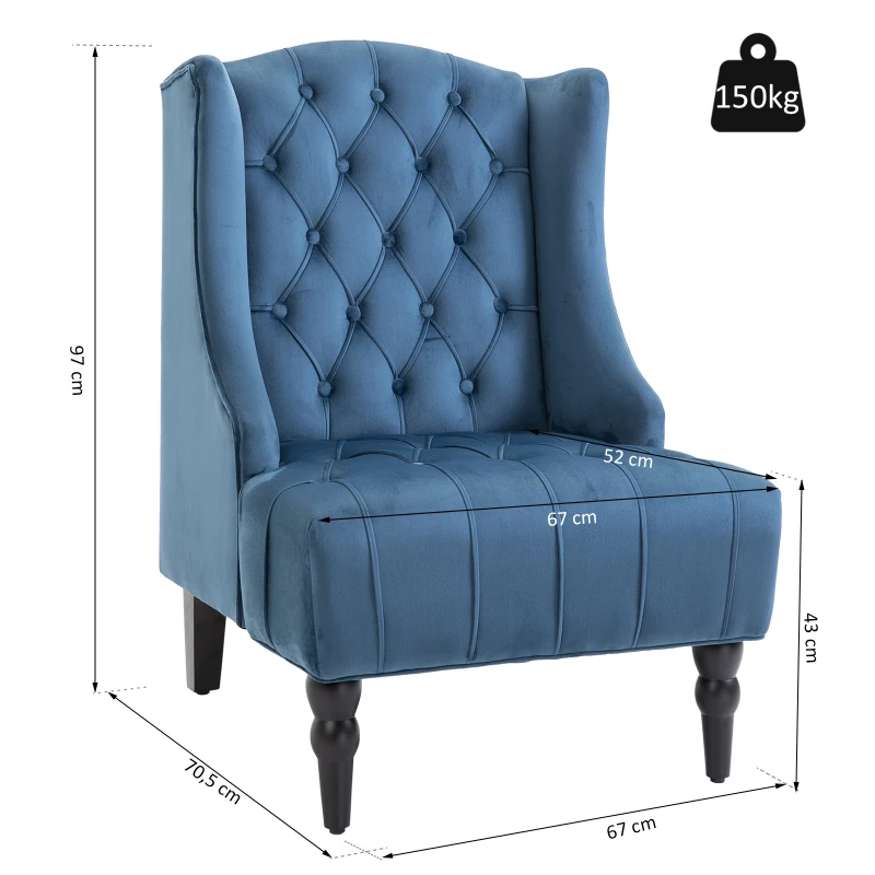Homcom Fauteuil Chesterfield grand confort dossier assise capitonné avec boutons velours bleu