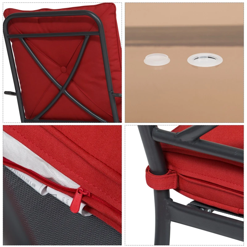 Outsunny Ensemble de jardin 4 pers. coussins déhoussables fournis table plateau verre trempé 5 mm métal époxy noir polyester rouge