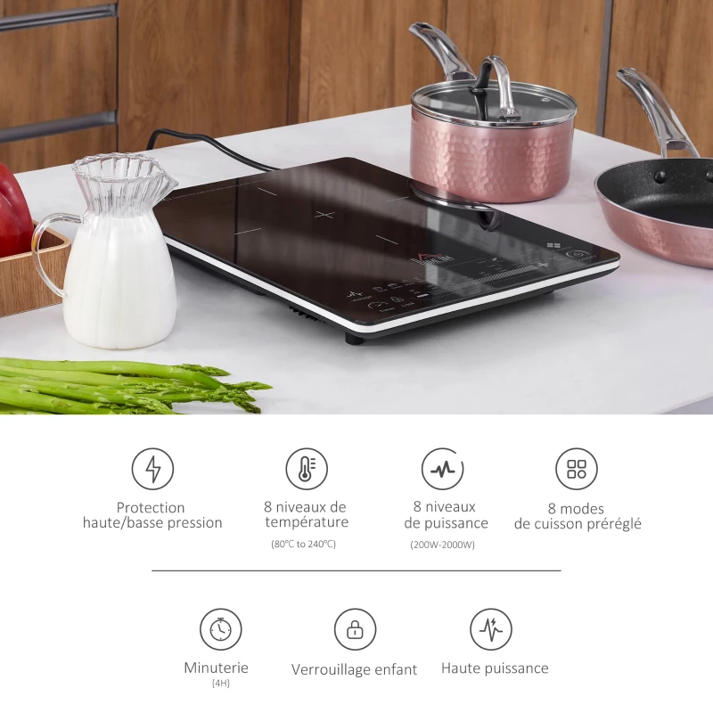 HOMCOM Plaque induction portable 2000 W - plaque chauffante - plaque de cuisson - réchaud - affichage LED, boutons tactiles - timer, verrouillage, 8 modes - noir