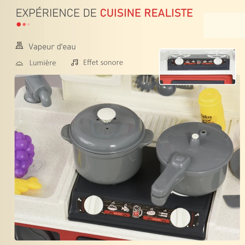 HOMCOM Cuisine pour Enfant - dinette - Jeu d'imitation Complet 52 Accessoires variés - Fonctions sonores et Lumineuses PP Rouge Blanc