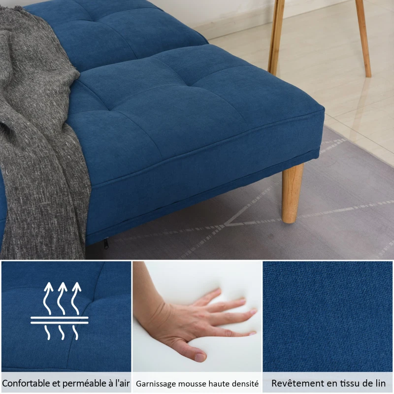 HOMCOM Canapé Convertible 3 Places Design scandinave Dossier inclinable 3 Positions Pieds Bois Tissu Lin Bleu