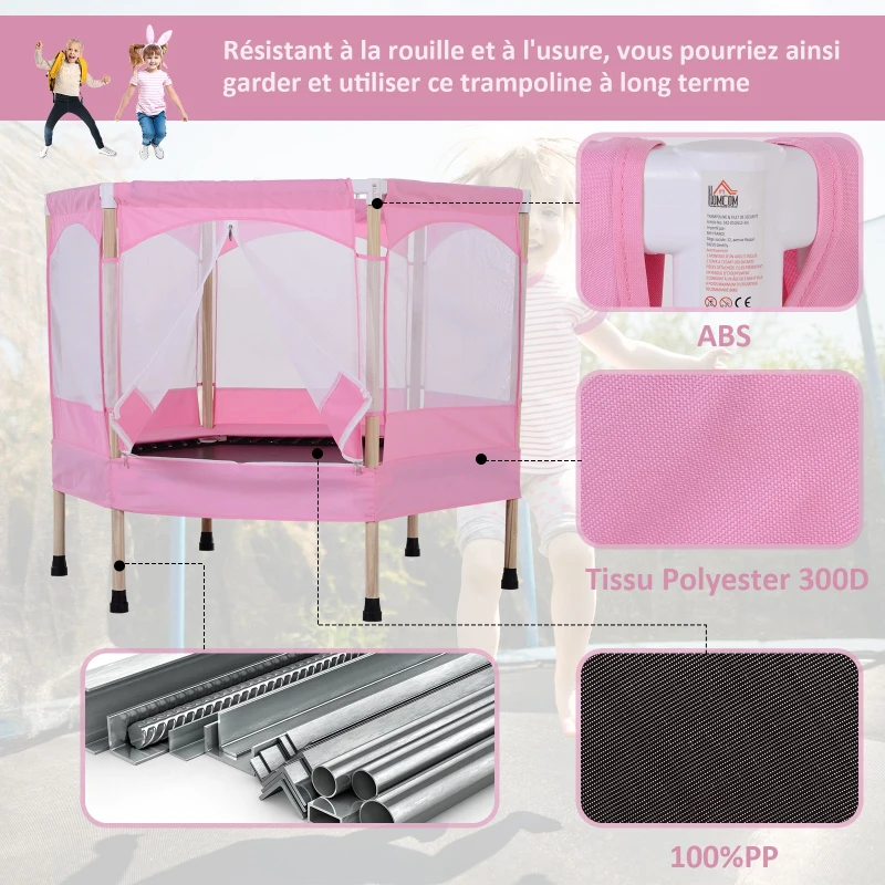 HOMCOM Trampoline Enfant dim. 126L x 109l x 98H cm Filet de sécurité Porte zipée Couvre-Ressorts Inclus Rose
