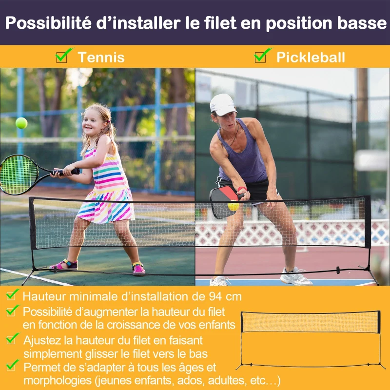 Homcom Filet de Badminton/loisirs 5 m - hauteur réglable 1,58 m max. - filet portable avec support pieds et piquets - sac de transport inclus