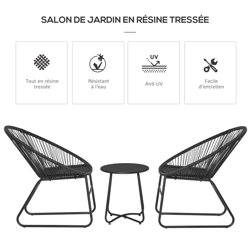 Ensemble salon de jardin Acapulco 2 places résine filaire noir