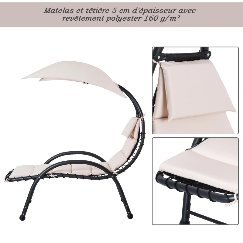 Outsunny Bain de Soleil transat de jardin chaise longue Design Contemporain - Pare-Soleil et Matelas - Acier Polyester - dim. 1,7L x 1,18l x 1,77H m - Beige Noir