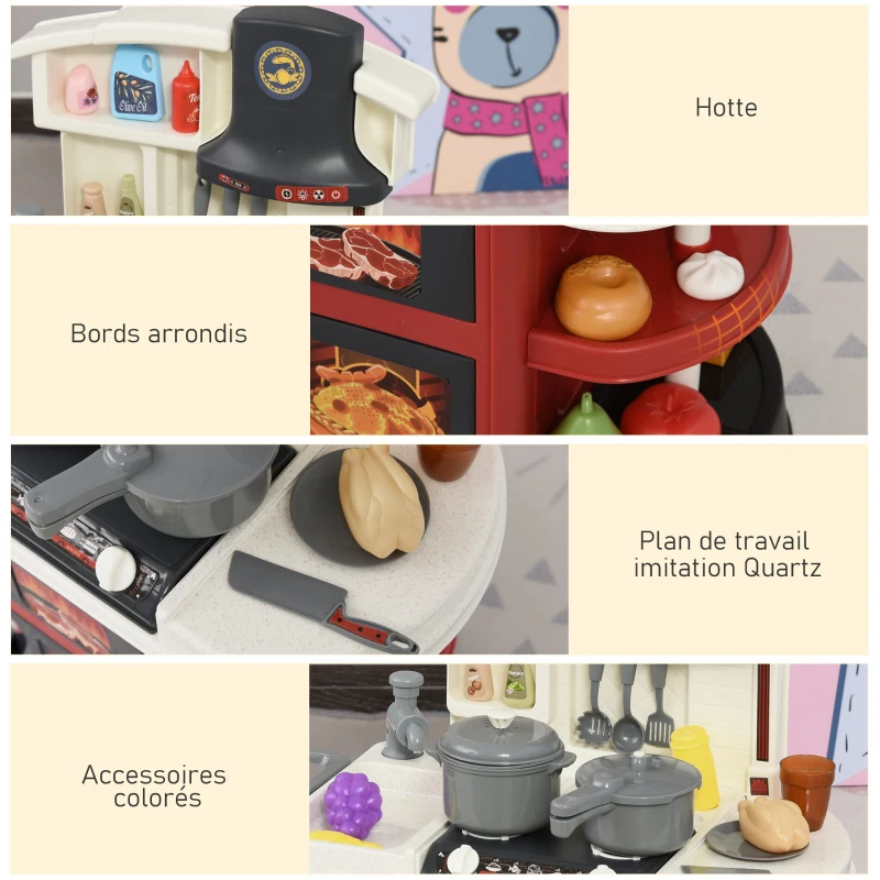 HOMCOM Cuisine pour Enfant - dinette - Jeu d'imitation Complet 52 Accessoires variés - Fonctions sonores et Lumineuses PP Rouge Blanc