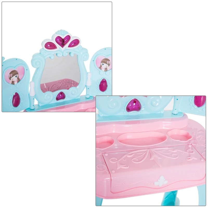 HOMCOM Coiffeuse enfant piano 2 en 1 multi-equipement : miroir, tiroir, cadres photos, lumière, musique, séchoir 44L x 32l x 73H cm plastique PP bleu rose