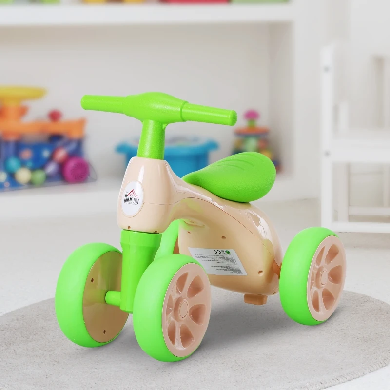 HOMCOM Draisienne vélo enfant 4 roues selle guidon ergonomique antidérapant coffre rangement effet sonore plastique beige vert