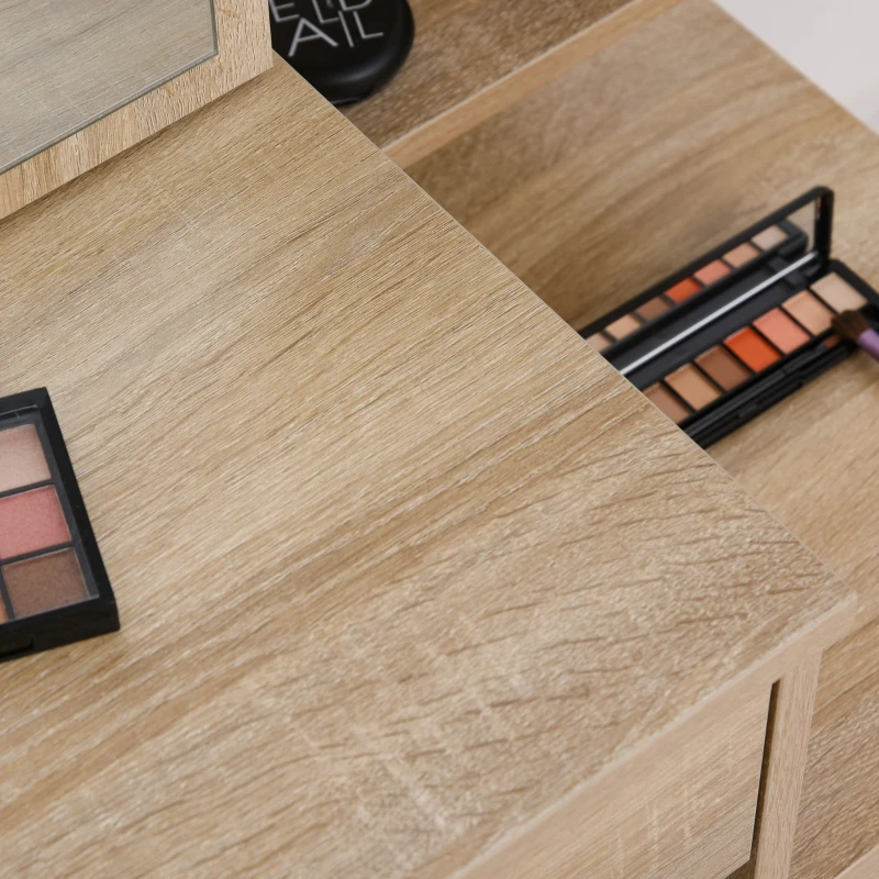 Coiffeuse multi-rangements 4 tiroirs miroir armoire 3 étagères imitation chêne clair