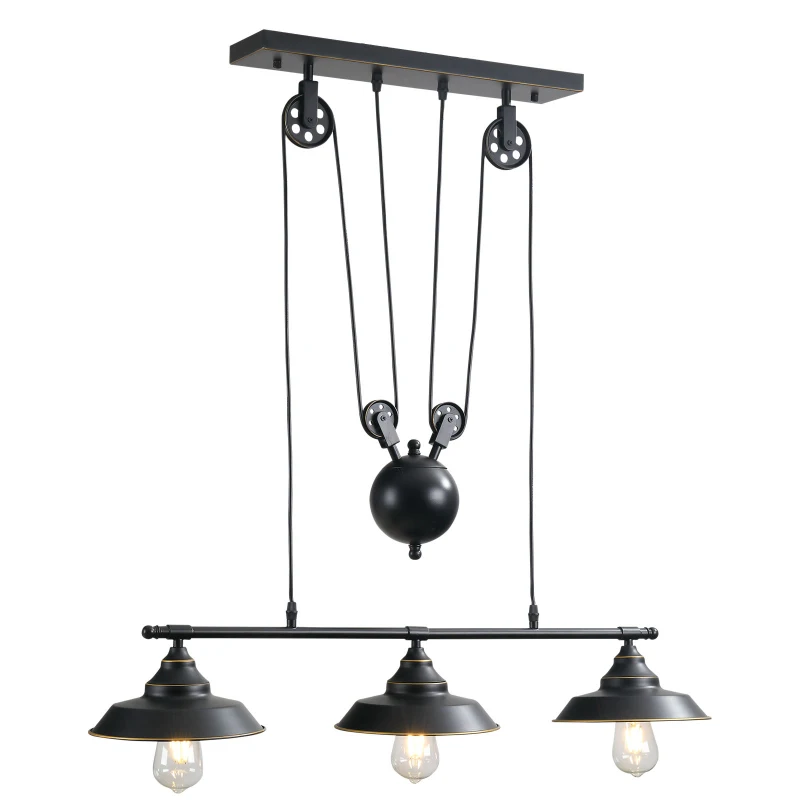 HOMCOM Lustre suspension style industriel 3 lampes 40 W 230 V hauteur réglable avec poulies dim. 90L x 22l x 89-180H cm métal noir doré
