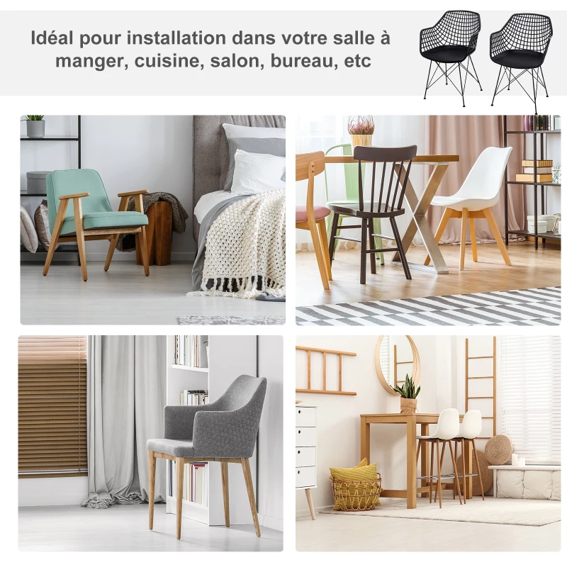 HOMCOM Lot de 2 chaises de salle à manger, chaise de cuisine, style néo-rétro, accoudoirs dossier ergonomiques, cadre PP, 4 pieds croisés métal, 57,5 x 53,5 x 86 cm, noir