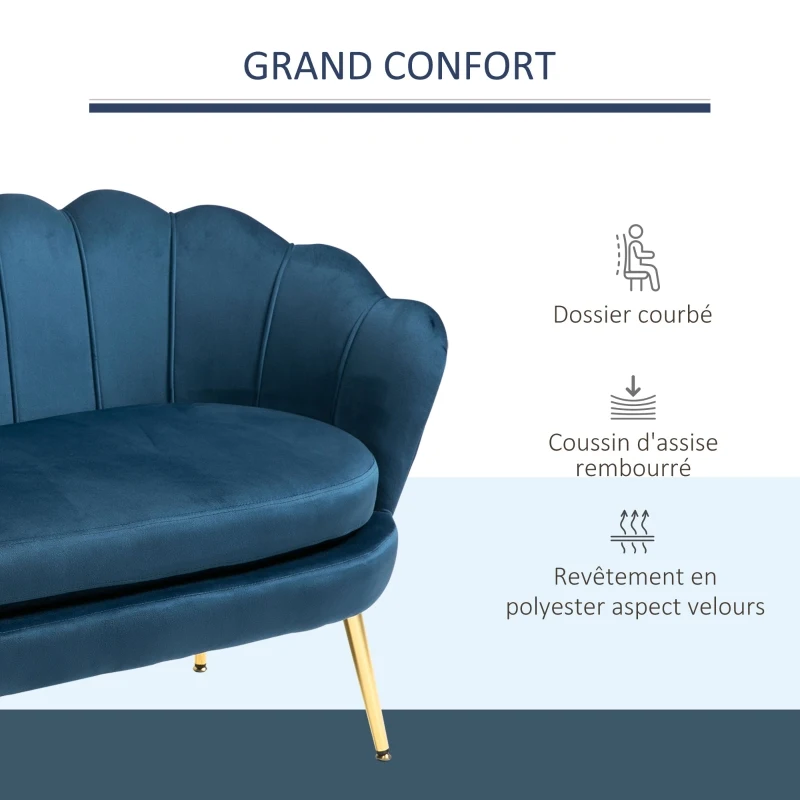 HOMCOM Canapé 2 Places Coquillage canapé Design dim. 130L x 63l x 73H cm Pieds dorés effilés Velours Bleu