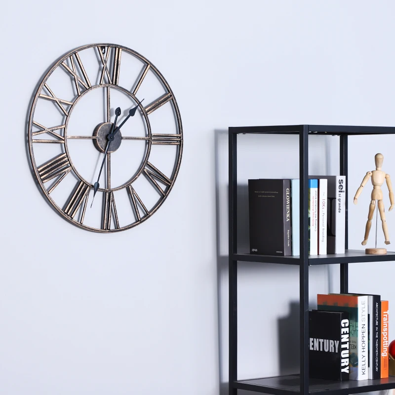 Homcom Horloge murale style vintage pendule silencieuse Ø 58,5 x 3,5H cm 2 aiguilles 12 chiffres romains métal bronze noir