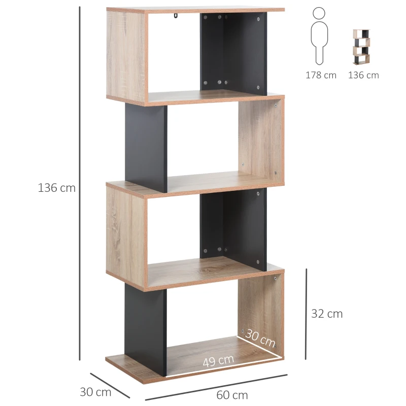HOMCOM Bibliothèque étagère meuble de rangement design contemporain en S 4 étagères 60L x 30l x 136H cm chêne clair gris
