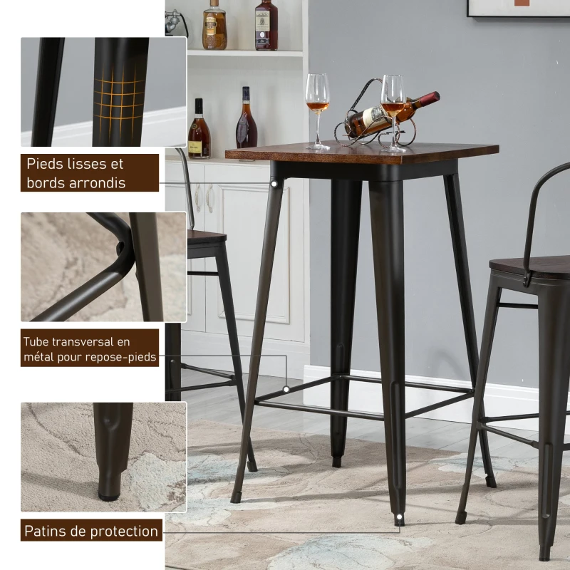 HOMCOM Table de bar carrée design industriel - repose-pied intégré - dim. 60 x 60 x 105 cm - métal noir panneaux multicouches imitation bois chêne foncé