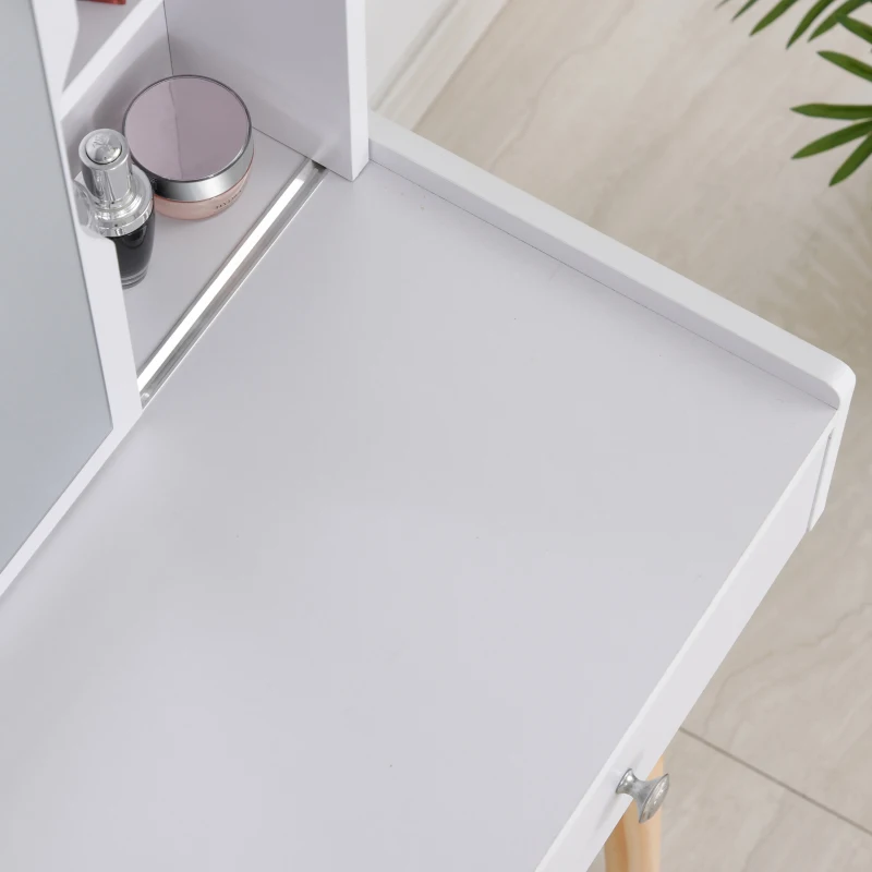 HOMCOM Coiffeuse Design scandinave Table de Maquillage Multi-rangements Miroir Coulissant Tabouret Blanc pin Clair