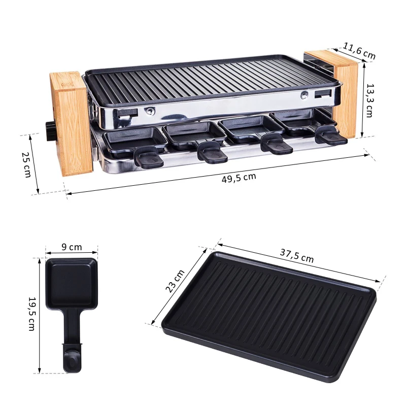 HOMCOM Appareil à raclette multifonction 8 personnes - 1500 W - grill grande taille - 8 Poêlons - habillage bambou