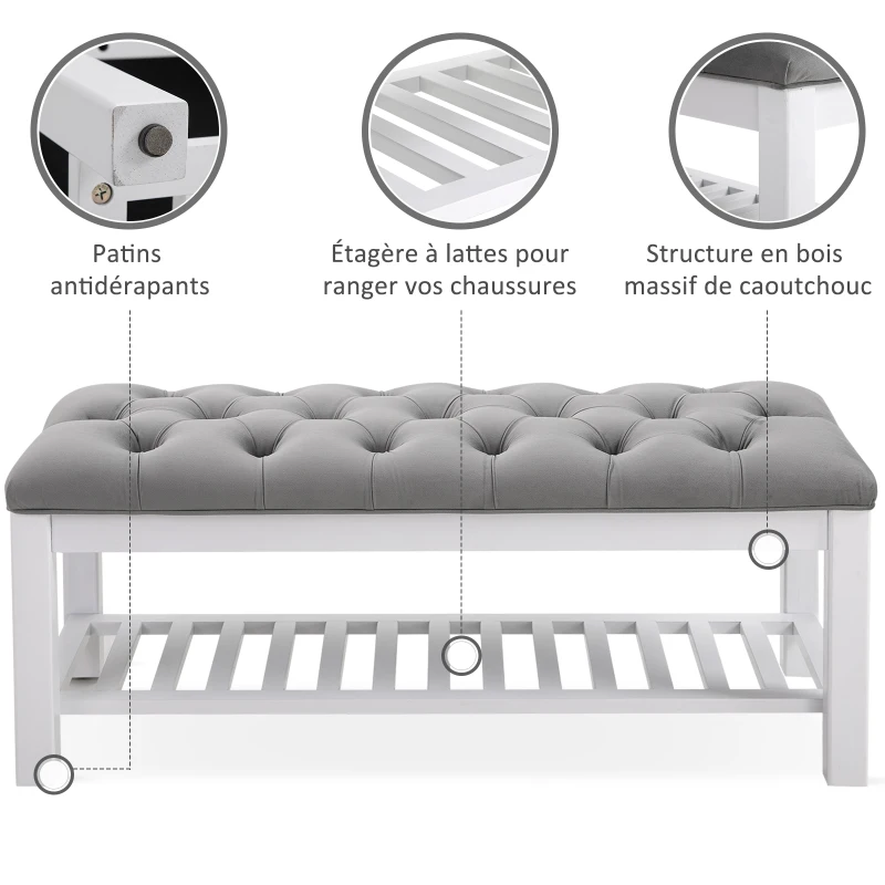 HOMCOM Banc banquette capitonnée style classique chic banc à chaussures dim. 108L x 45l x 46H cm bois massif caoutchouc blanc polyester gris