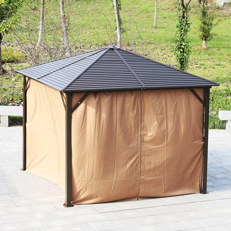 Outsunny Tonnelle pavillon de jardin rigide panneaux toit alu. et métal époxy dim. 2,98L x 2,98l x 2,6H m 4 parois latérales anti-UV 4 moustiquaires beige marron moucheté