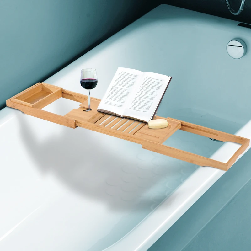 HOMCOM Pont Tablette de Baignoire Extensible Bambou Boîte Porte-Livre Porte-Verre