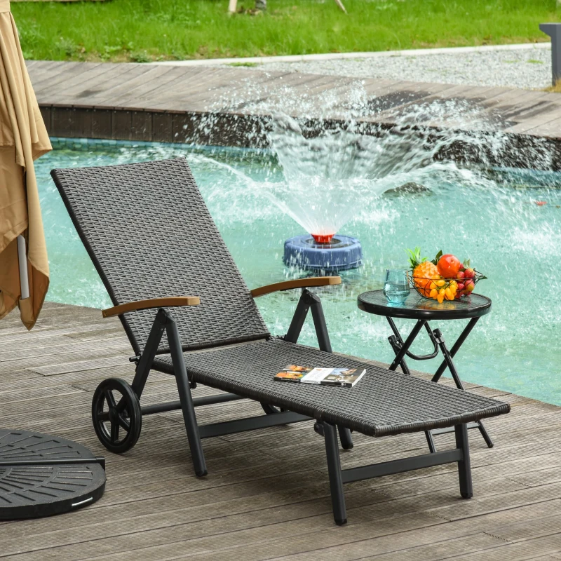 Outsunny Transat bain de soleil pliable style colonial inclinaison réglable multipositions accoudoirs roues résine tressée chocolat