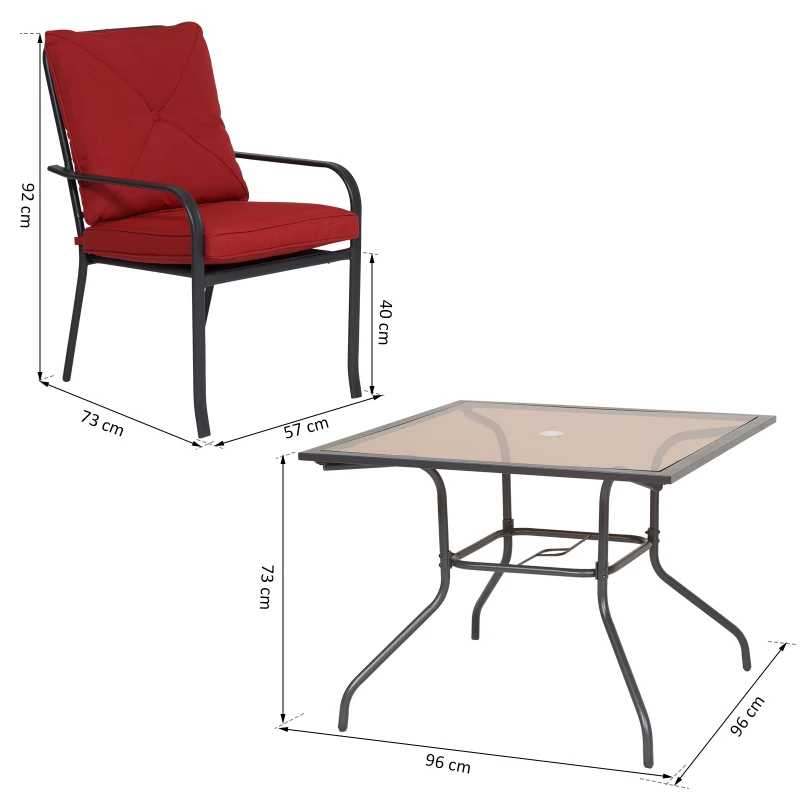Outsunny Ensemble de jardin 4 pers. coussins déhoussables fournis table plateau verre trempé 5 mm métal époxy noir polyester rouge