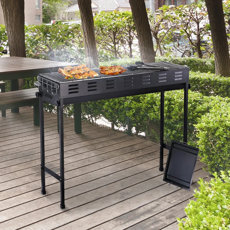 Outsunny Barbecue à charbon BBQ grill sur pieds amovibles dim. 103L x 31l x 84H cm grille + plaque cuisson + pince incluses fer laqué noir