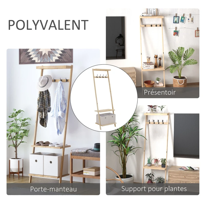 HOMCOM Vestiaire d'entrée porte-manteau 4 patères double 2 paniers polyester gris clair 2 étagères bois de sapin
