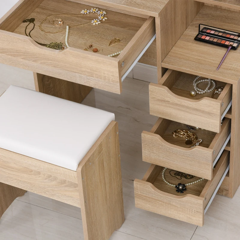 Coiffeuse multi-rangements 4 tiroirs miroir armoire 3 étagères imitation chêne clair