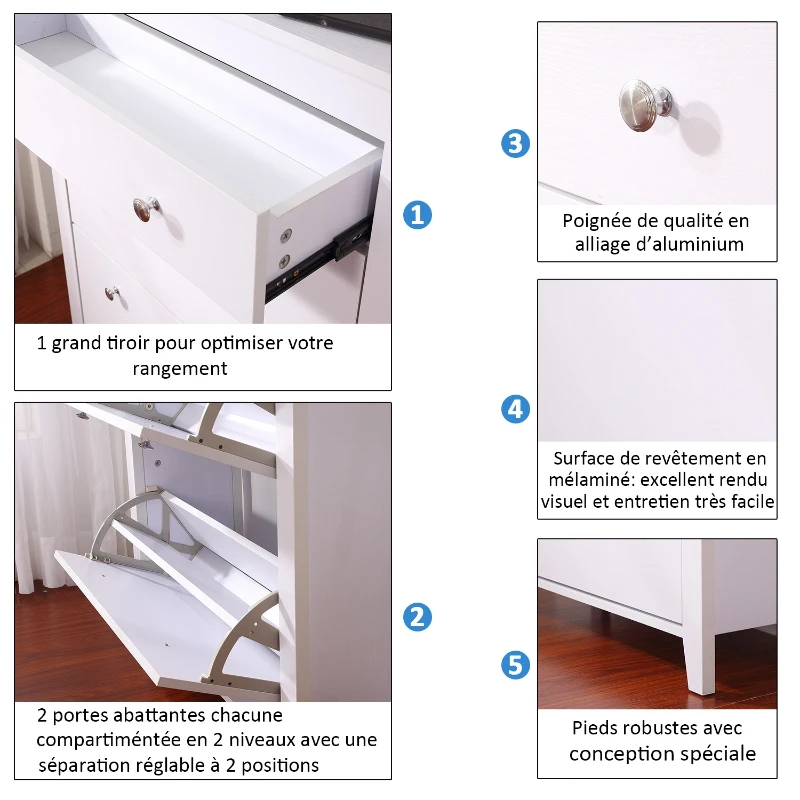 HOMCOM Armoire à chaussures meuble rangement très pratique 80L x 28l x 105H cm panneaux de particules  blanc