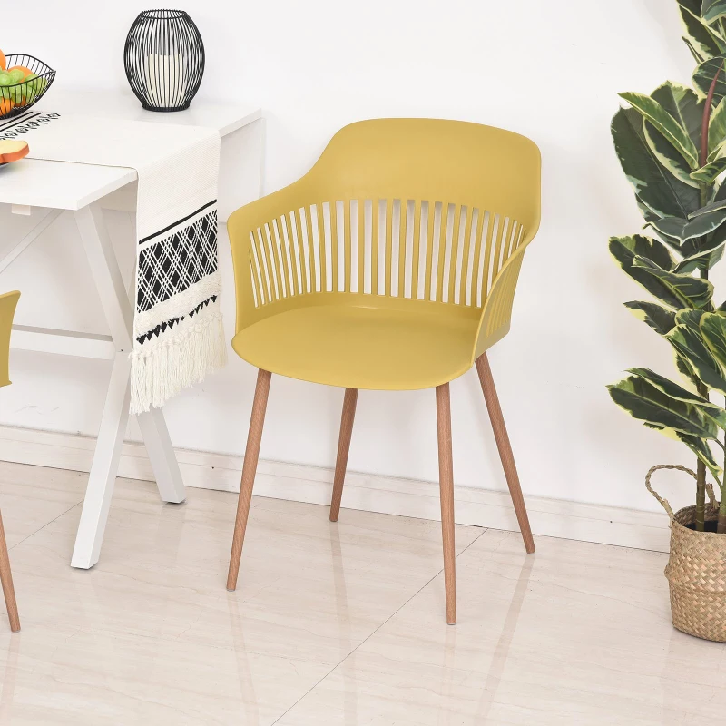 Lot de 2 chaises style néo-rétro accoudoirs coque polypropylène 4 pieds effilés métal imitation bois