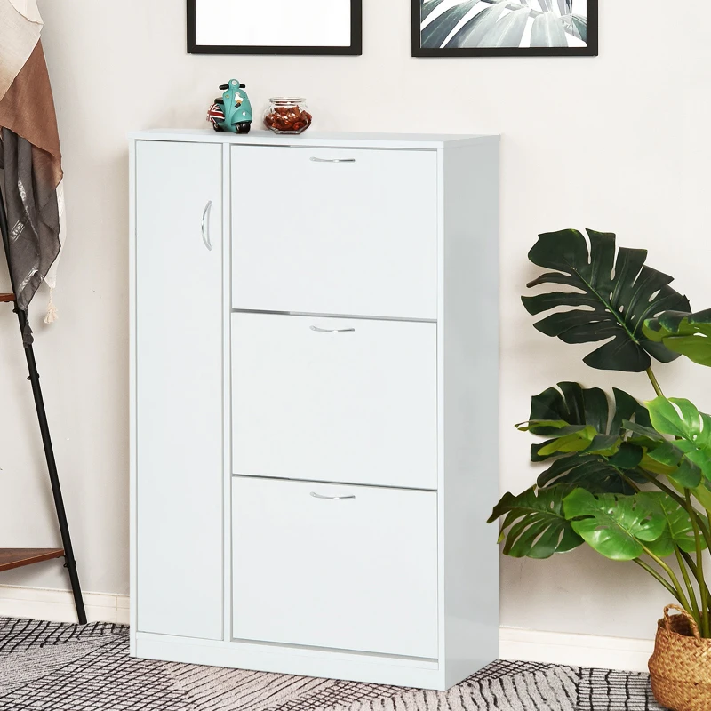HOMCOM Armoire à chaussures organisateur pour chaussures 3 portes abattantes 2 compartiments + placard porte panneaux particules blanc