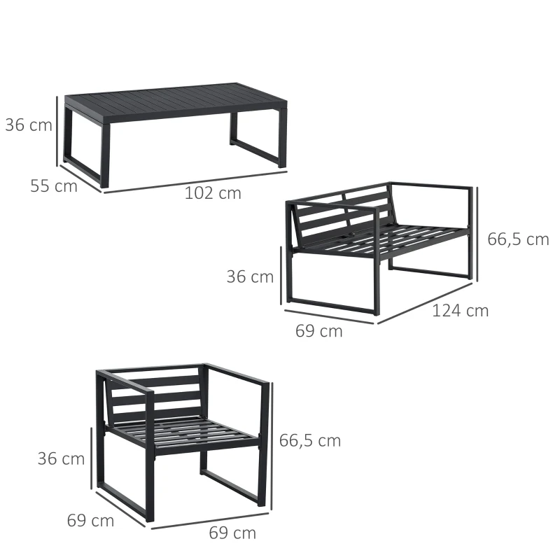 Salon de jardin style yachting 4 places table basse alu. noir coussins gris