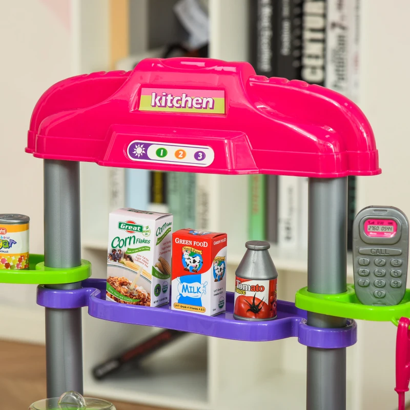 HOMCOM Cuisine pour Enfant - dinette - Jeu d'imitation Complet 51 Accessoires variés - Fonctions sonores et Lumineuses - PP ABS Rose