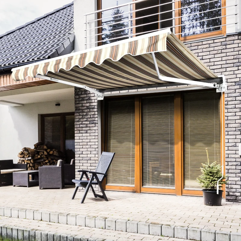 Outsunny Store banne électrique/Manuel rétractable Protection UV 50 + Aluminium Polyester imperméabilisé 2,45 x 2 (avancée) m télécommande fournie Marron Beige rayé