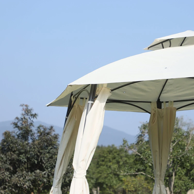 Outsunny Tonnelle pavillon de jardin rond style colonial dim. Ø 3,6L x 2,7H m double toit 6 rideaux latéraux polyester crème métal époxy gris