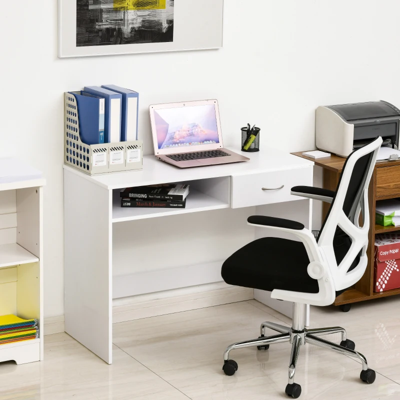 HOMCOM Bureau Informatique multimédia Compartiment Rangement et tiroir Panneaux Particules Blanc