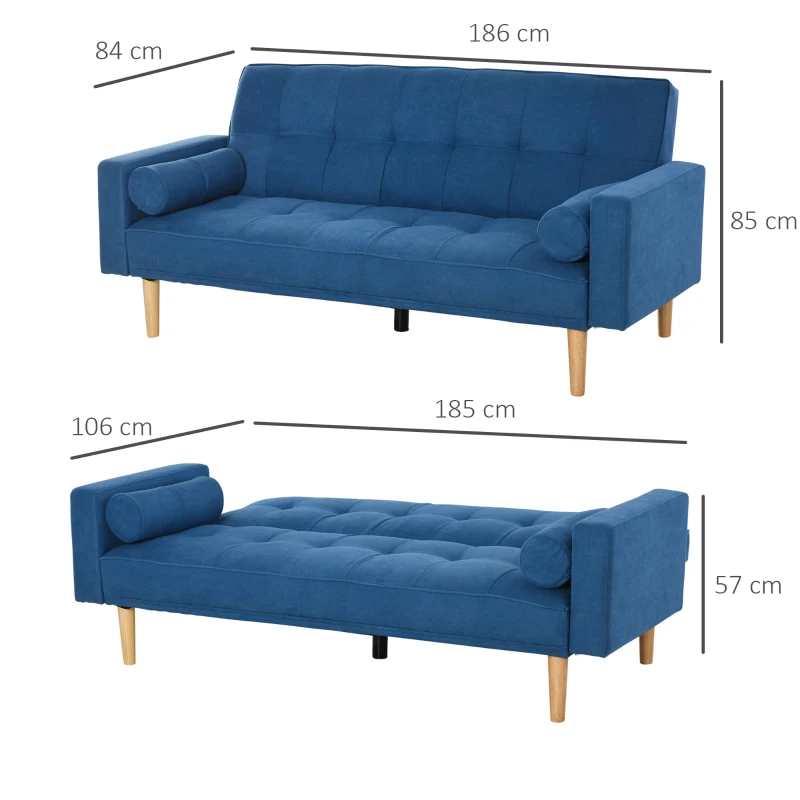 HOMCOM Canapé Convertible 3 Places Design scandinave Dossier inclinable 3 Positions Pieds Bois Tissu Lin Bleu