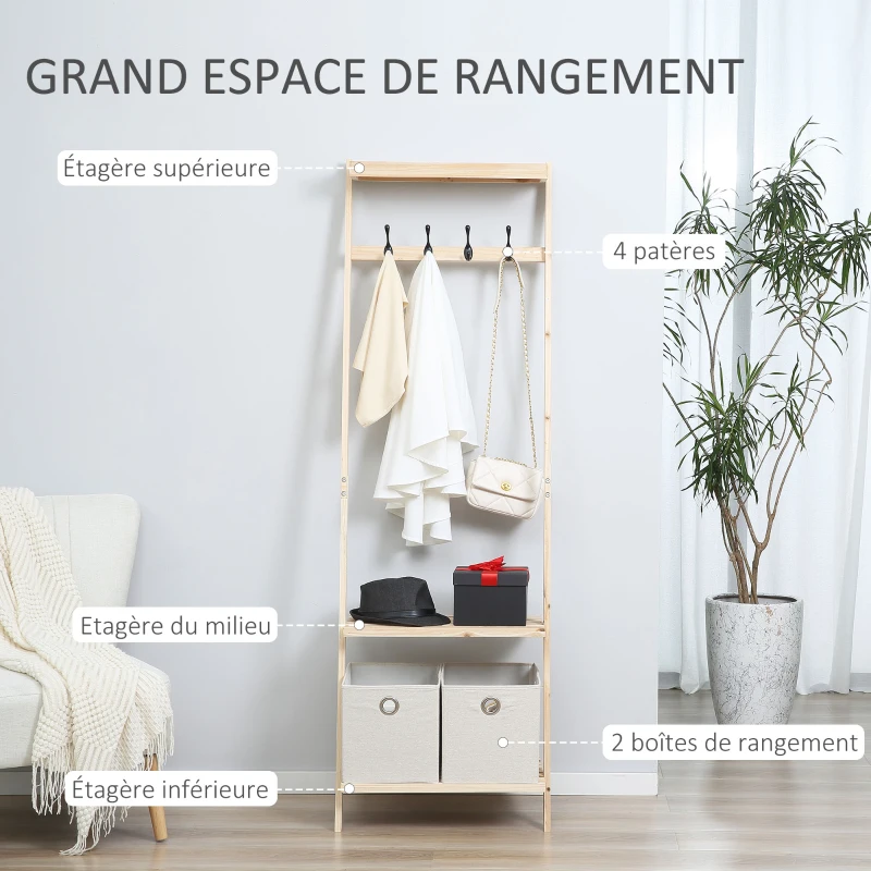 HOMCOM Vestiaire d'entrée porte-manteau 4 patères double 2 paniers polyester gris clair 2 étagères bois de sapin