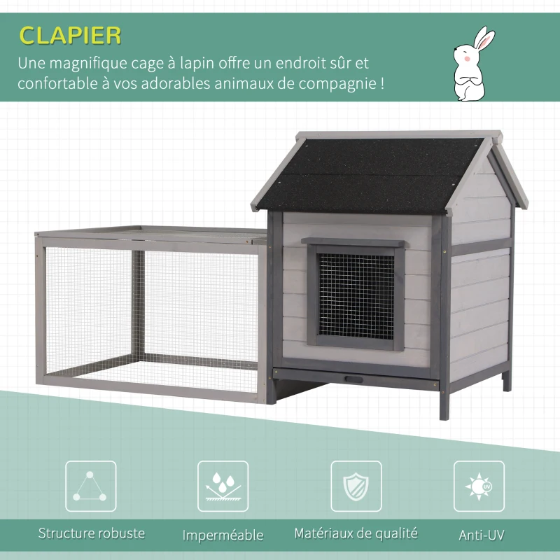 PawHut Clapier cage à lapin cottage - niche avec rampe, porte, fenêtres, plateau excrément amovible - toit enclos ouvrant - bois sapin gris