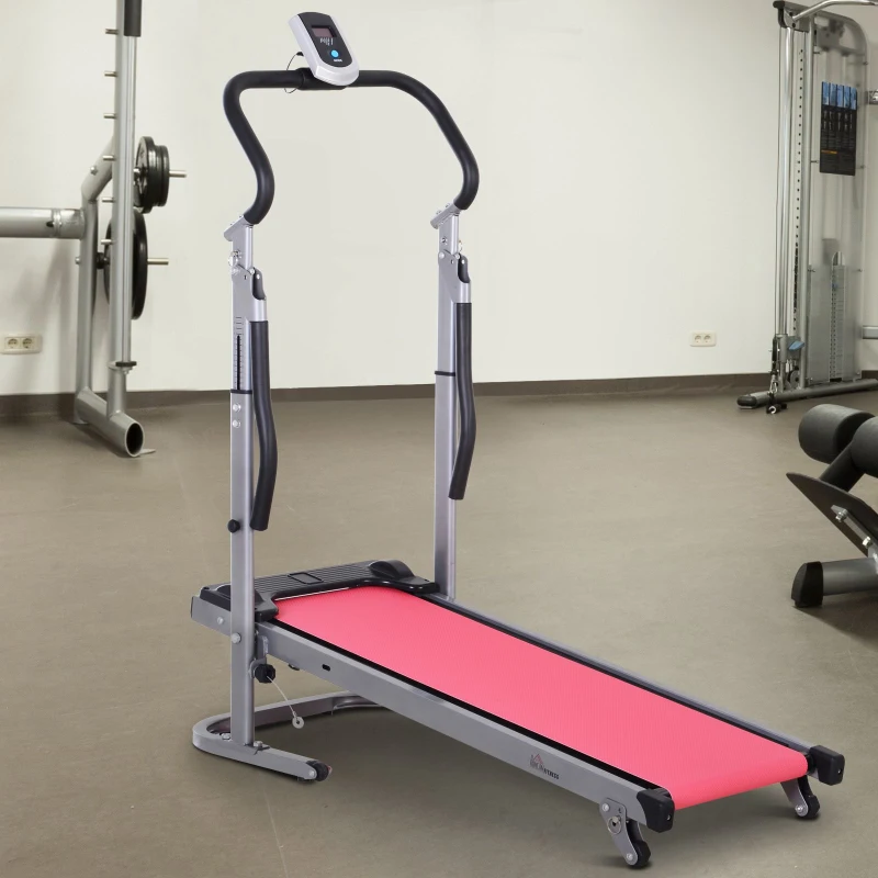Homcom Tapis de course manuel pliable écran LCD multifonction 3 modes d'inclinaisons hauteur guidon réglable acier gris rouge