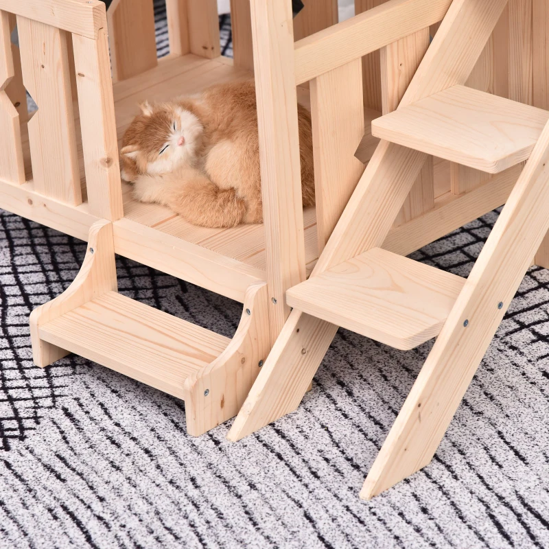 PawHut Maison lodge - niche avec terrasse et escalier pour chien chat - dim. 82L x 46l x 86H cm - bois massif de pin
