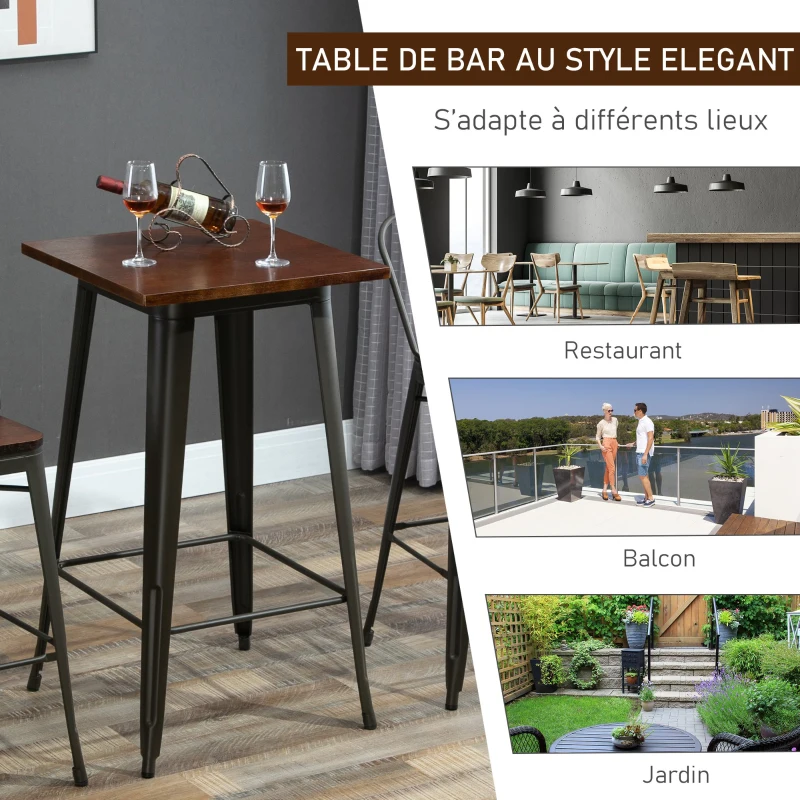 HOMCOM Table de bar carrée design industriel - repose-pied intégré - dim. 60 x 60 x 105 cm - métal noir panneaux multicouches imitation bois chêne foncé