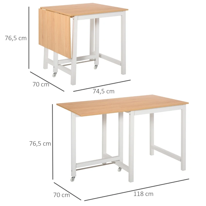 HOMCOM Table à manger 4 personnes avec rallonge 2 roulettes panneaux particules bois clair veinage blanc