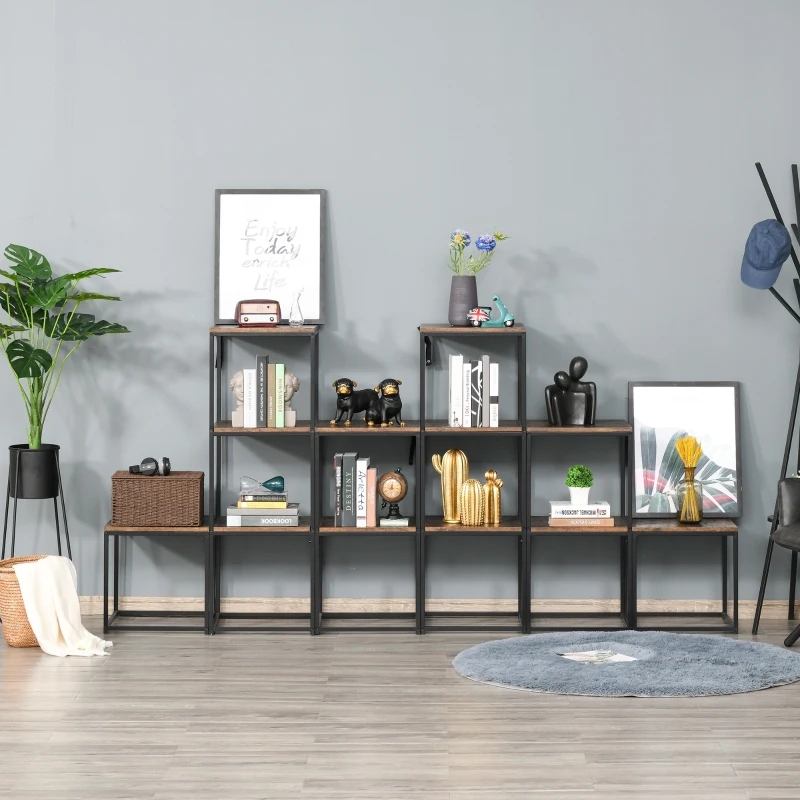 HOMCOM Étagère bibliothèque séparateur de pièce style industriel modulable 6 étagères métal noir MDF aspect vieux bois chêne