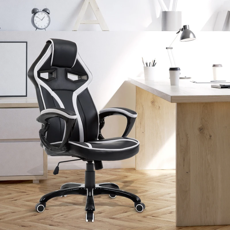 HOMCOM Chaise / fauteuil de bureau gaming Racing à bascule pivotant confortable accoudoirs rembourrés noir et blanc