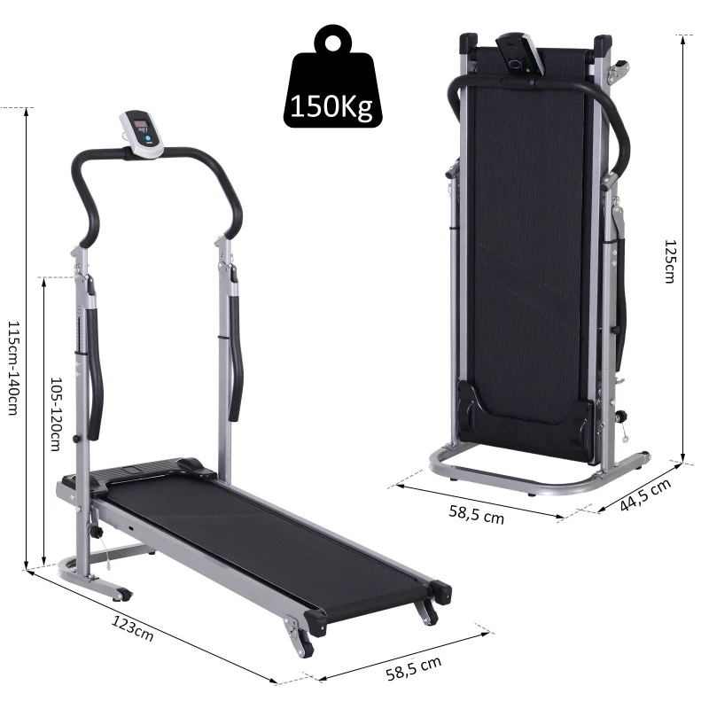 HOMCOM Tapis de course manuel pliable écran LCD multifonction 3 modes d'inclinaisons hauteur guidon réglable acier gris noir