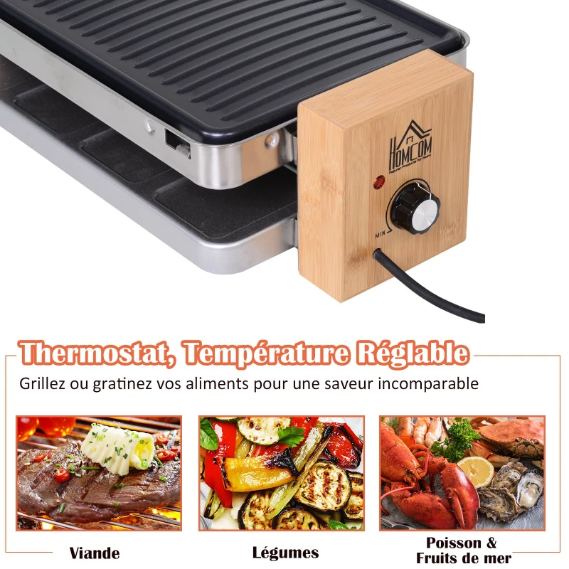HOMCOM Appareil à raclette multifonction 8 personnes - 1500 W - grill grande taille - 8 Poêlons - habillage bambou