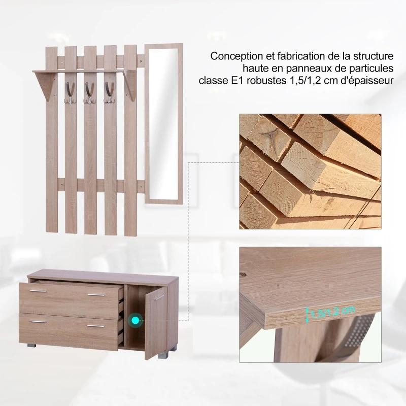 HOMCOM Ensemble de meubles d'entrée 3 pièces meuble chaussures, miroir et panneau porte-manteau panneaux particules chêne clair